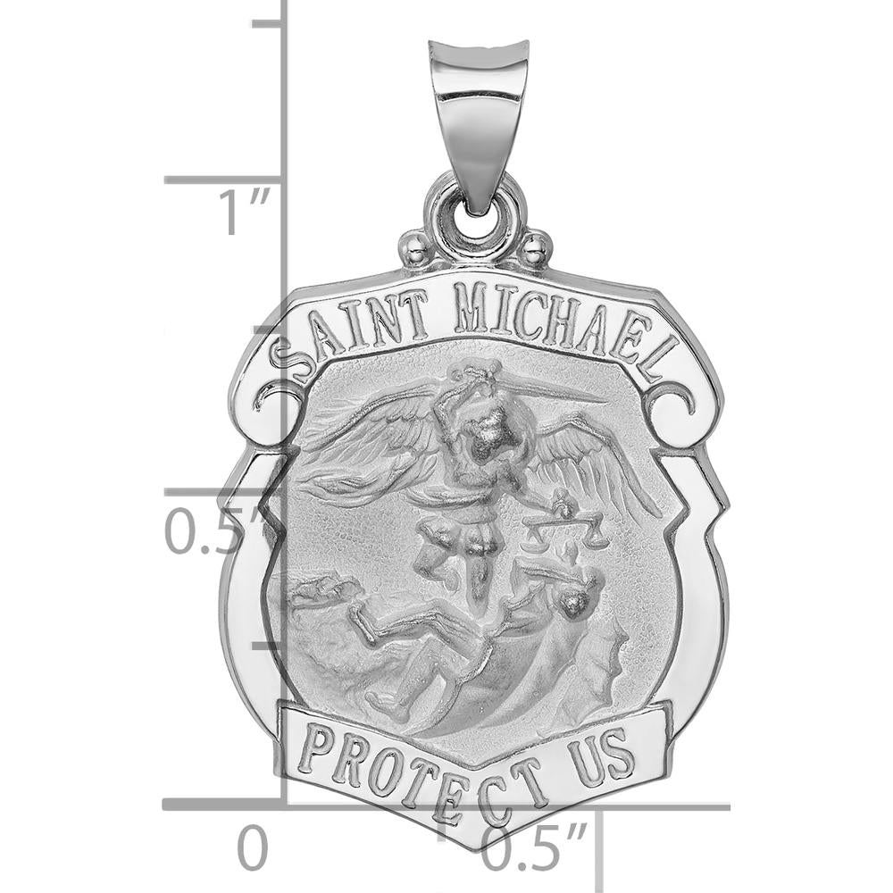 14K White Gold Polished and Satin Hollow Large St. Michael Medal Badge Pendant by Oro Pregiato