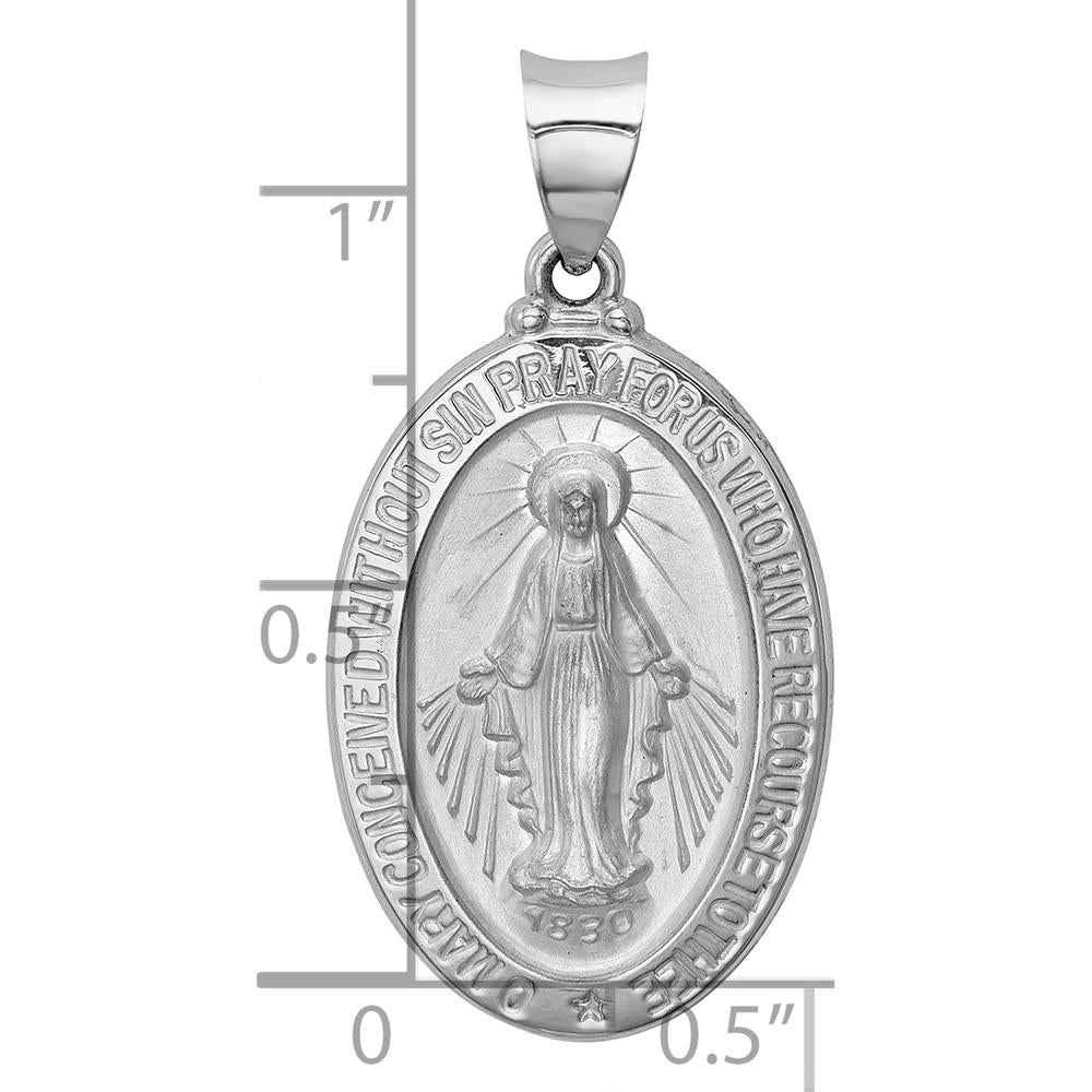 14K White Gold Polished and Satin Hollow Miraculous Medal Oval Pendant - 30.5mm Length by Oro Pregiato