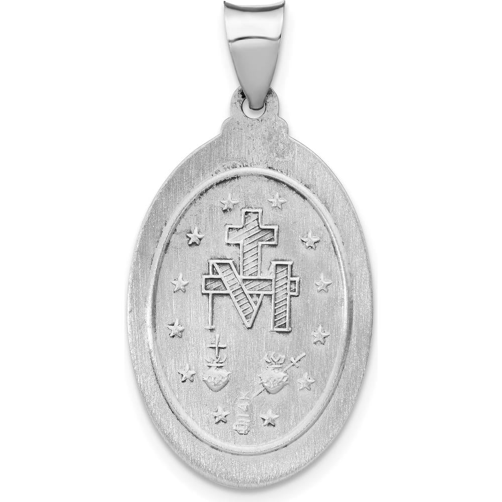 14K White Gold Polished and Satin Hollow Miraculous Medal Oval Pendant - 30.5mm Length by Oro Pregiato