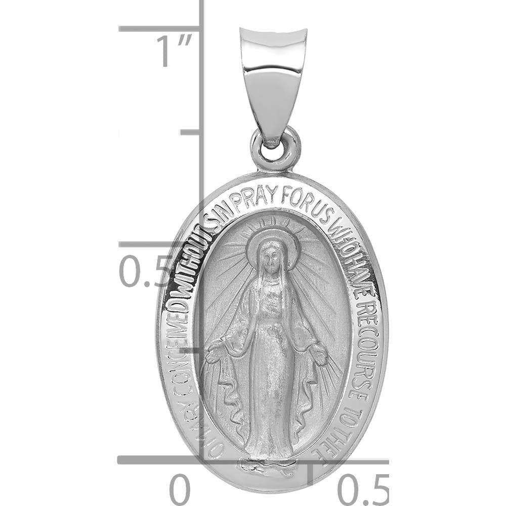 14K White Gold Polished and Satin Hollow Miraculous Medal Oval Pendant - Faith Inspired Design by Oro Pregiato