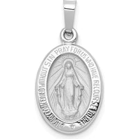 14K White Gold Polished and Satin Hollow Miraculous Medal Oval Pendant by Oro Pregiato
