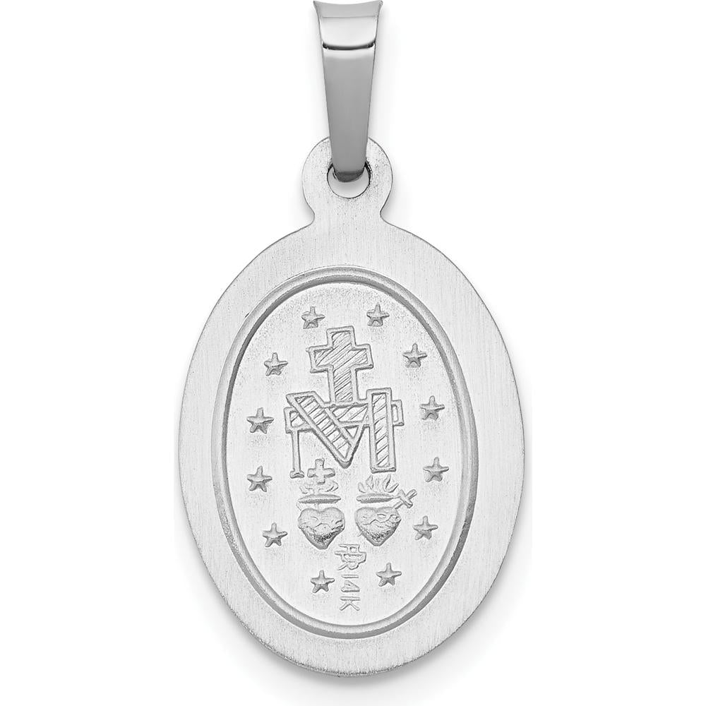 14K White Gold Polished and Satin Hollow Miraculous Medal Oval Pendant by Oro Pregiato