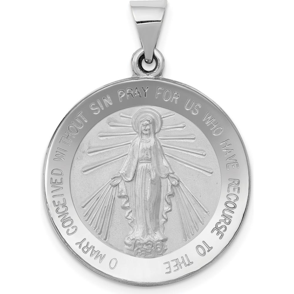 14K White Gold Polished and Satin Hollow Miraculous Medal Round Pendant - 30mm Length by Oro Pregiato