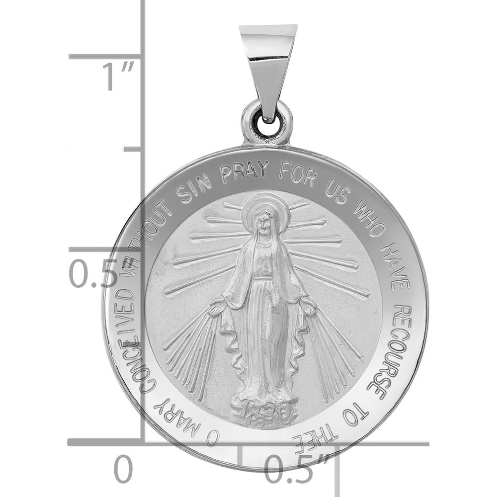 14K White Gold Polished and Satin Hollow Miraculous Medal Round Pendant - 30mm Length by Oro Pregiato