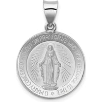 14K White Gold Polished and Satin Hollow Miraculous Medal Round Pendant - Faith-Inspired Design by Oro Pregiato