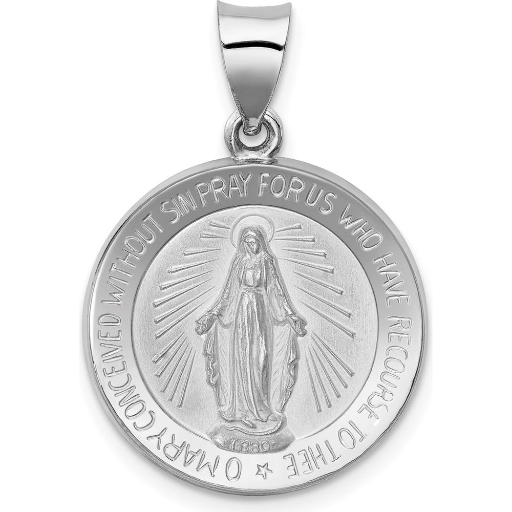 14K White Gold Polished and Satin Hollow Miraculous Medal Round Pendant - Faith-Inspired Design by Oro Pregiato