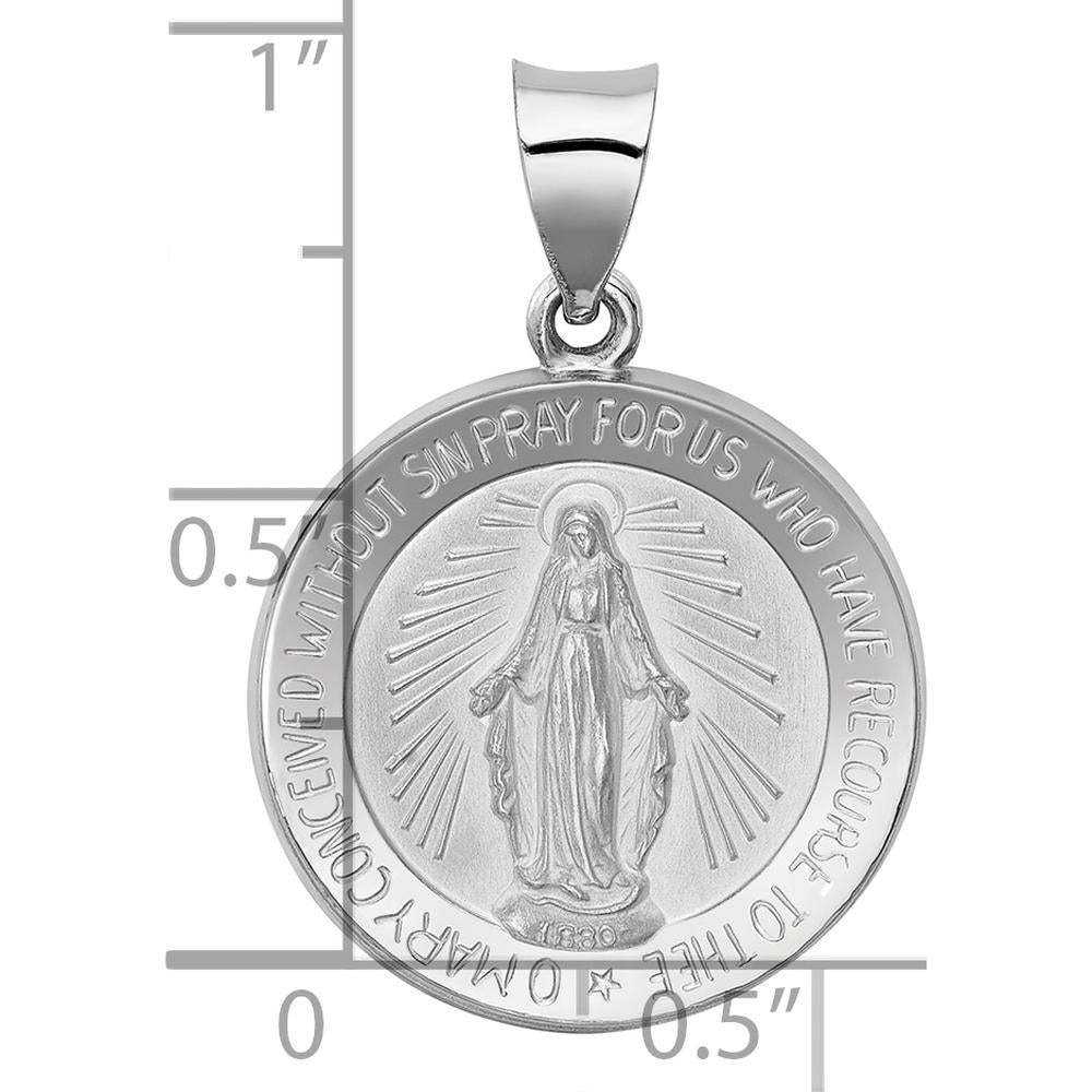 14K White Gold Polished and Satin Hollow Miraculous Medal Round Pendant - Faith-Inspired Design by Oro Pregiato
