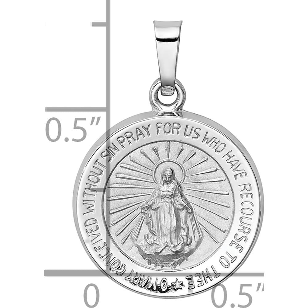 14K White Gold Polished and Satin Hollow Miraculous Medal Round Pendant by Oro Pregiato