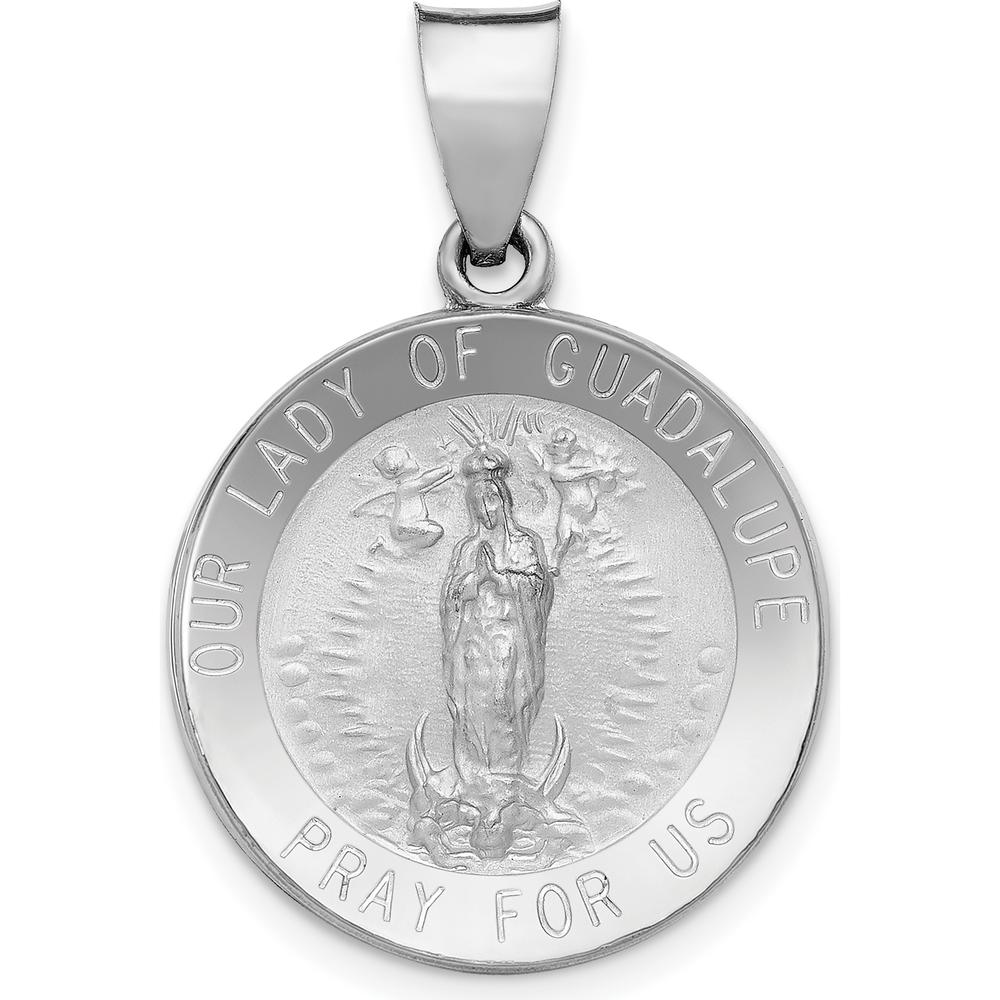 14K White Gold Polished and Satin Hollow Our Lady of Guadalupe Round Pendant - 27mm by Oro Pregiato