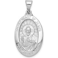 14K White Gold Polished and Satin Hollow Sacred Heart Jesus Oval Pendant by Oro Pregiato