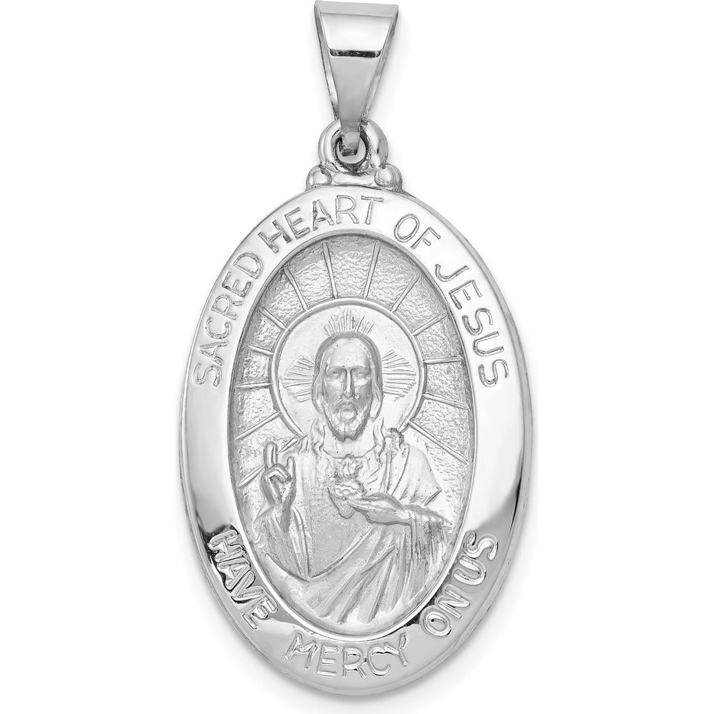 14K White Gold Polished and Satin Hollow Sacred Heart Jesus Oval Pendant by Oro Pregiato