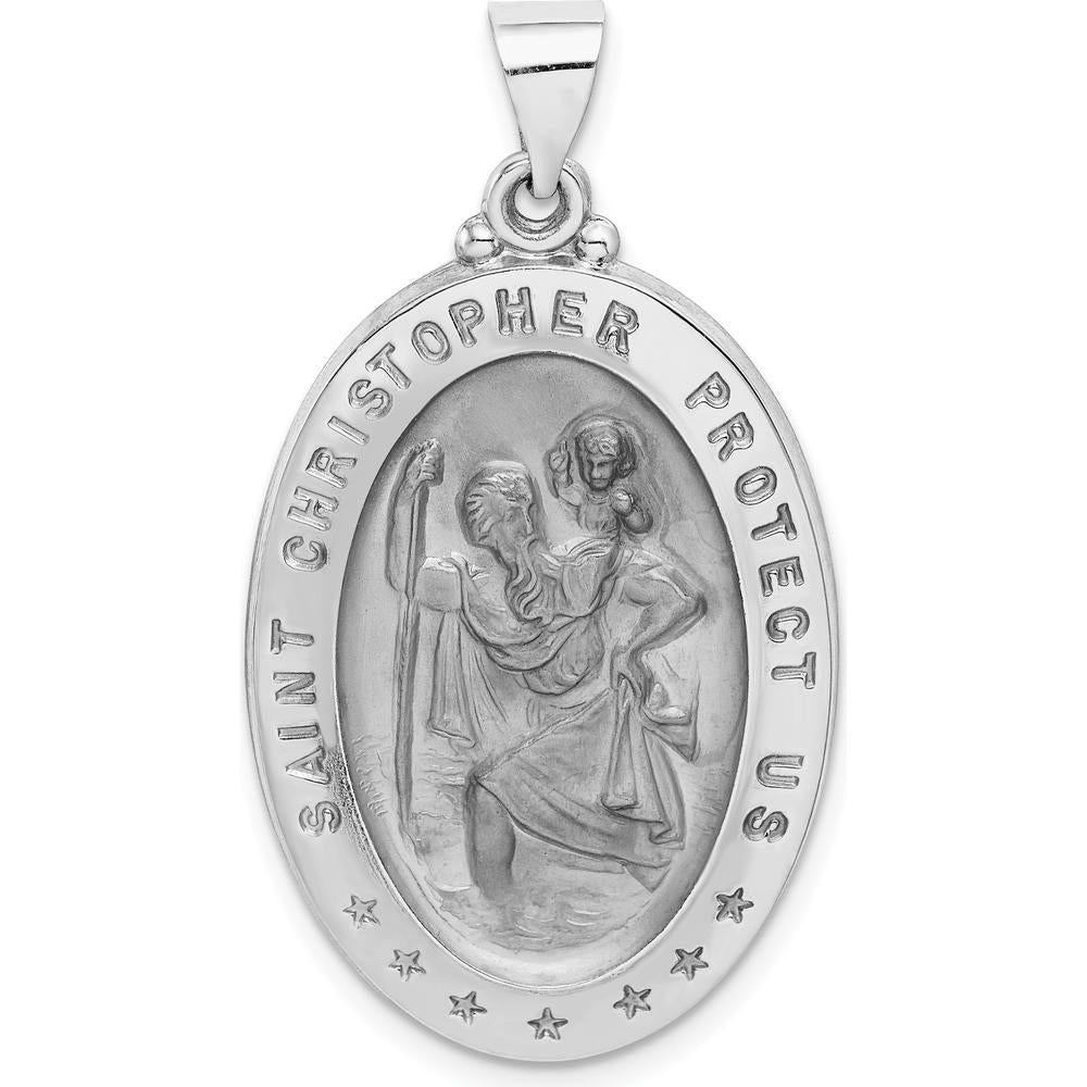 14K White Gold Polished and Satin Hollow Saint Christopher Medal Oval Pendant - 37mm by Oro Pregiato