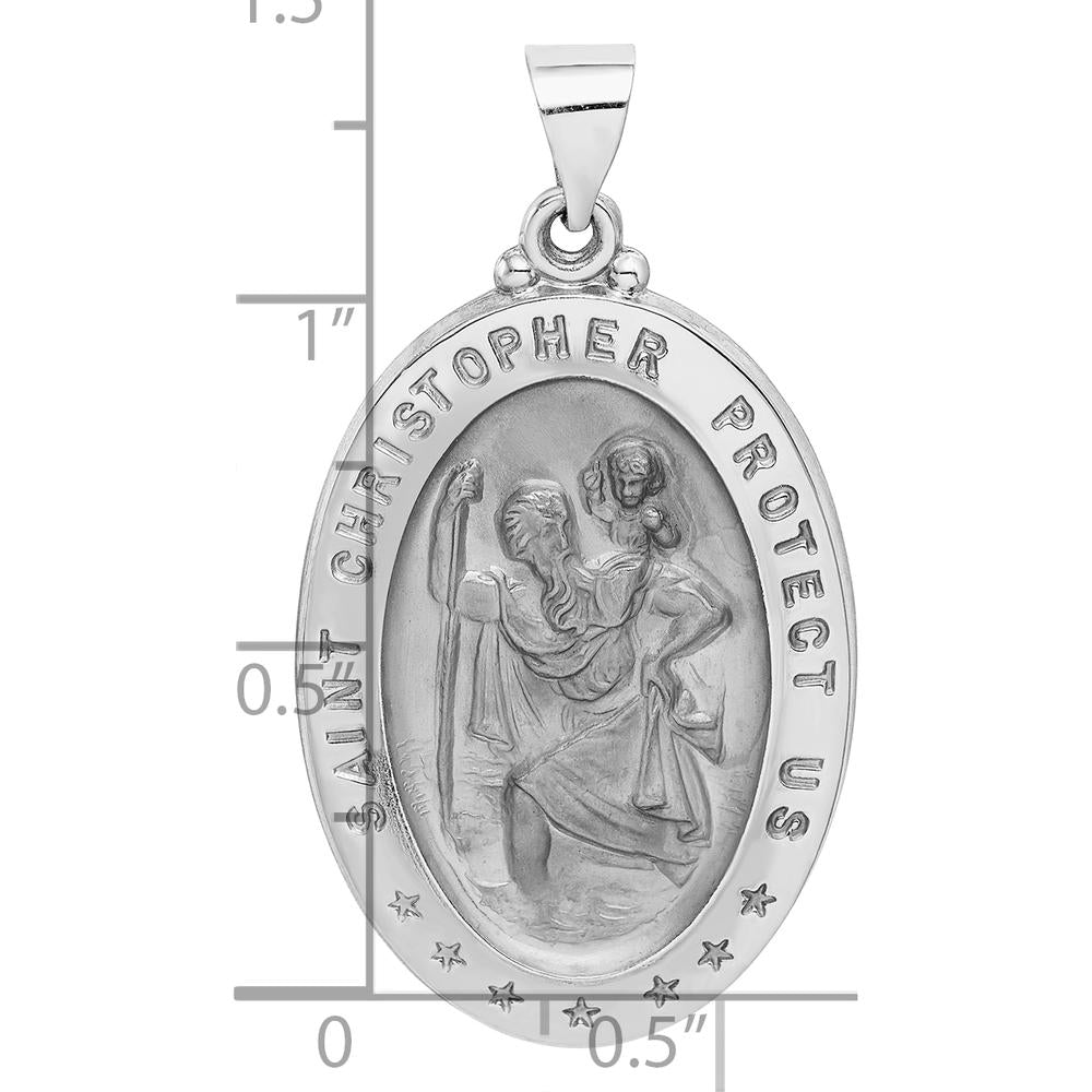 14K White Gold Polished and Satin Hollow Saint Christopher Medal Oval Pendant - 37mm by Oro Pregiato