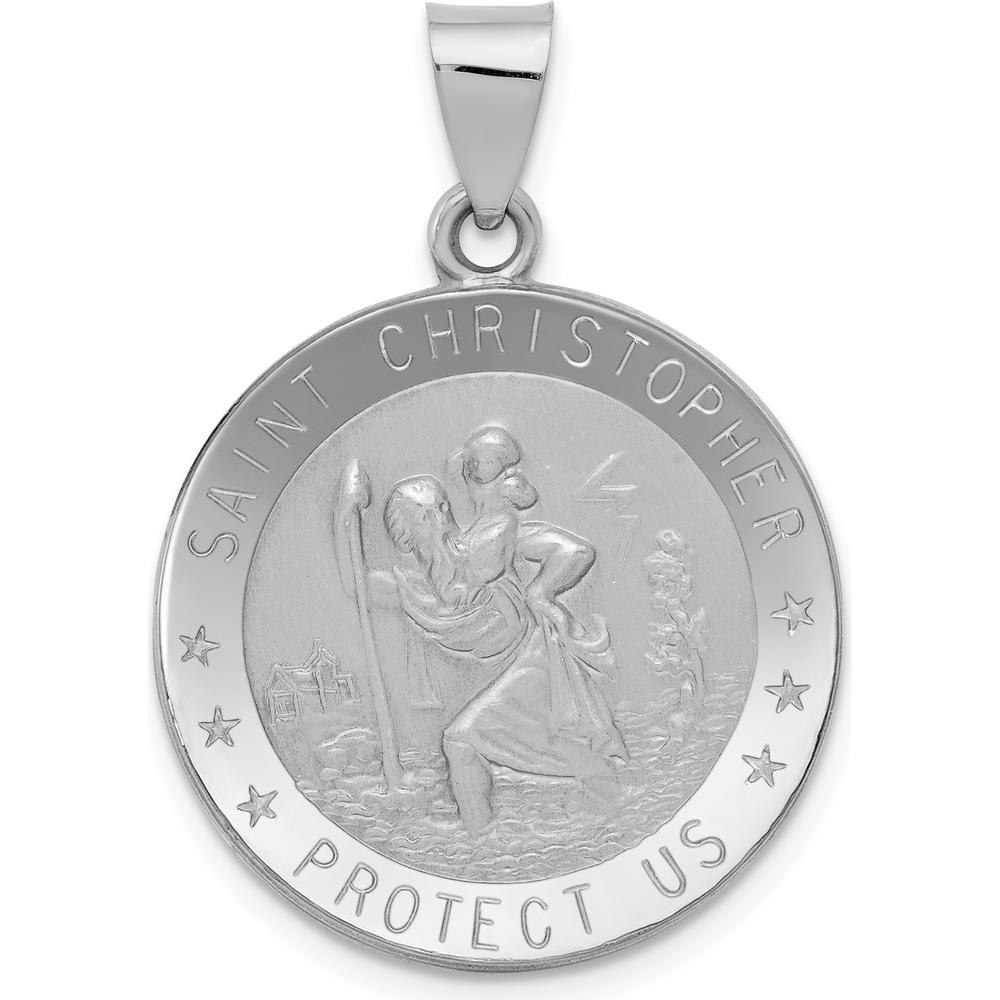 14K White Gold Polished and Satin Hollow Saint Christopher Medal Pendant - Faith and Protection Charm by Oro Pregiato