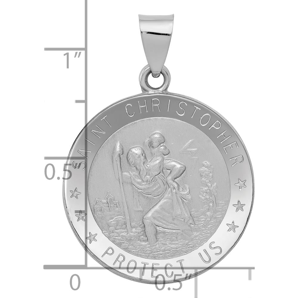 14K White Gold Polished and Satin Hollow Saint Christopher Medal Pendant - Faith and Protection Charm by Oro Pregiato
