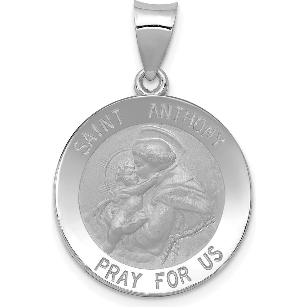 14K White Gold Polished and Satin Hollow St. Anthony Medal Pendant - 28mm Length by Oro Pregiato