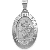 14K White Gold Polished and Satin Hollow St. Christopher Medal Pendant - 36mm by Oro Pregiato