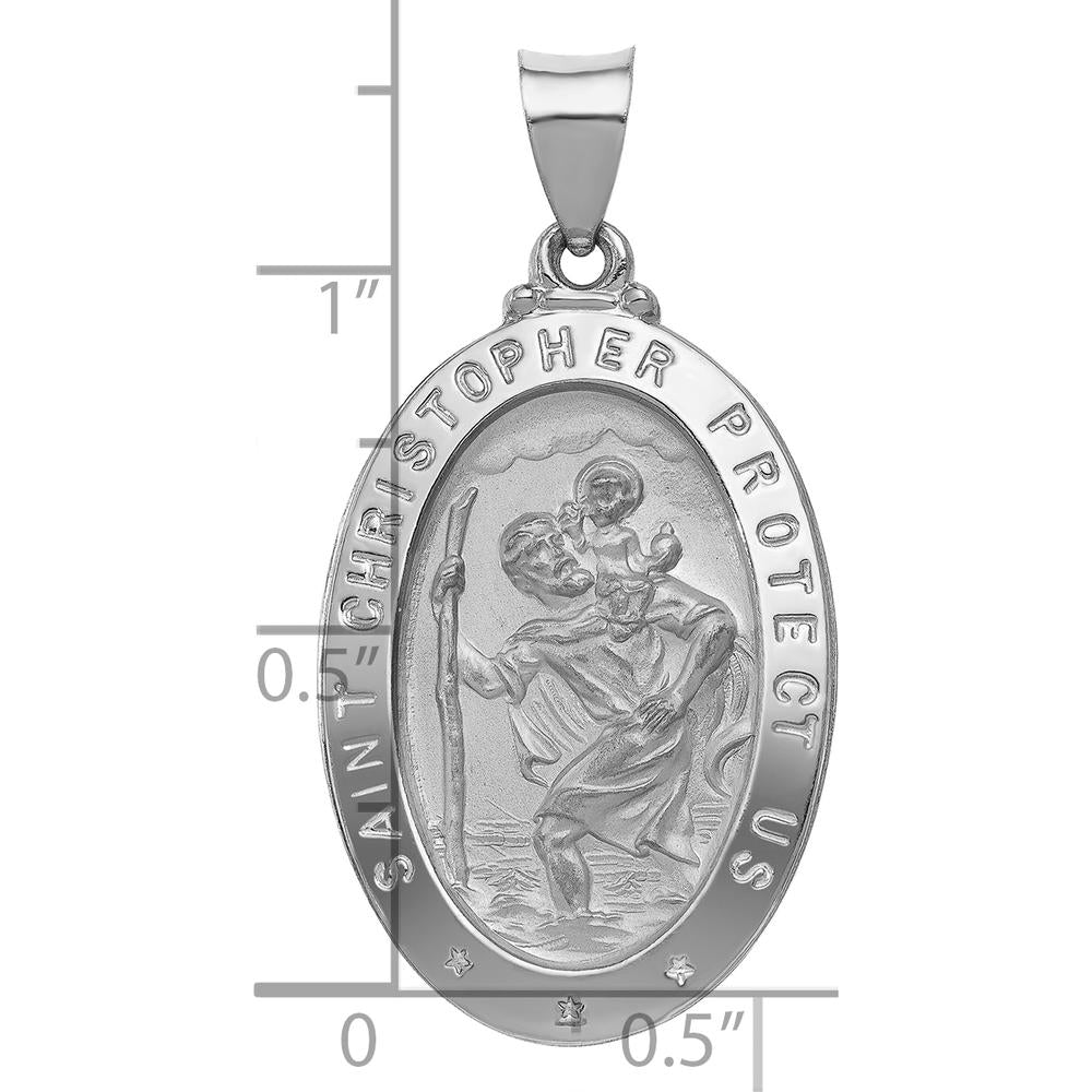 14K White Gold Polished and Satin Hollow St. Christopher Medal Pendant - 36mm by Oro Pregiato
