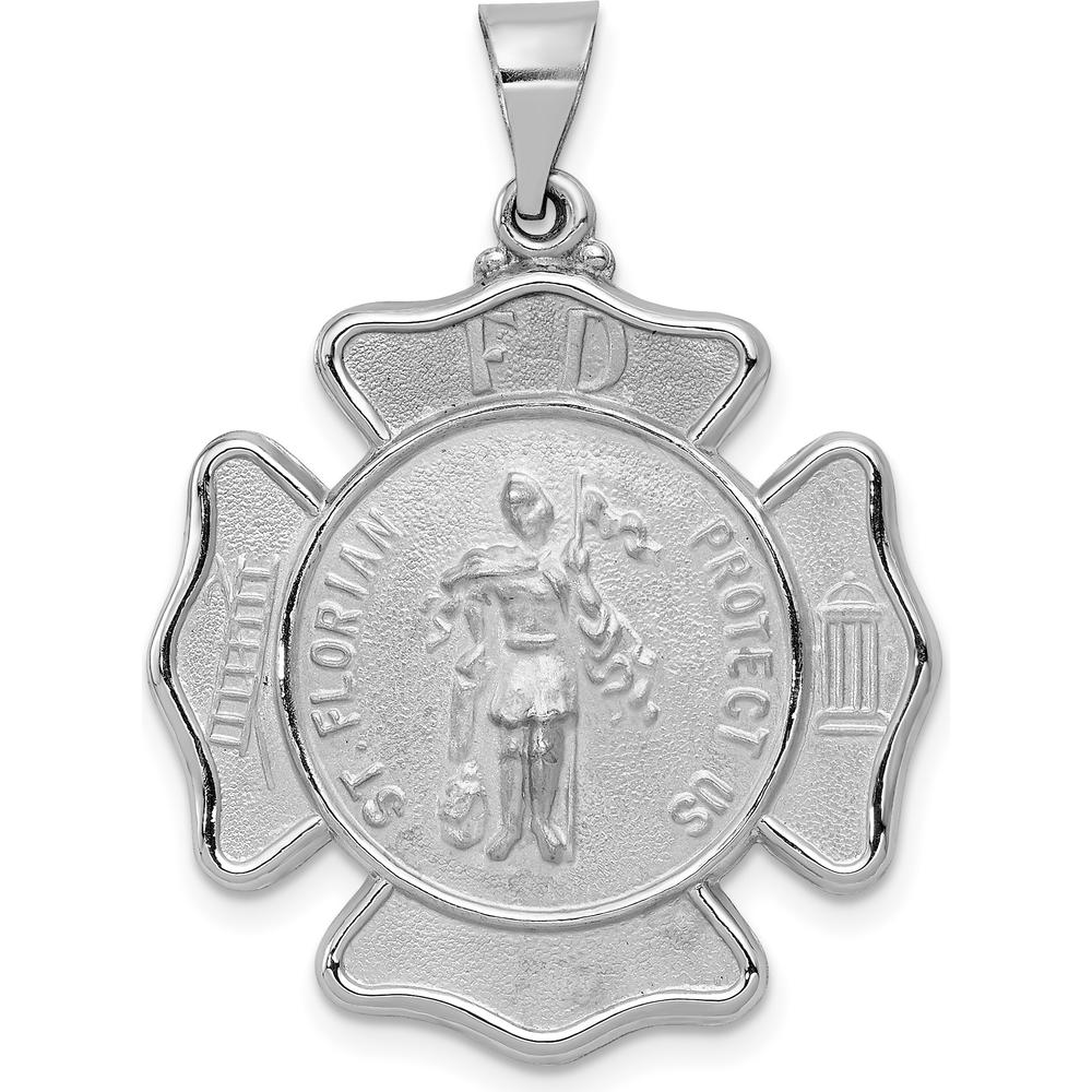 14K White Gold Polished and Satin Hollow St. Florian Firefighter Badge Pendant by Oro Pregiato