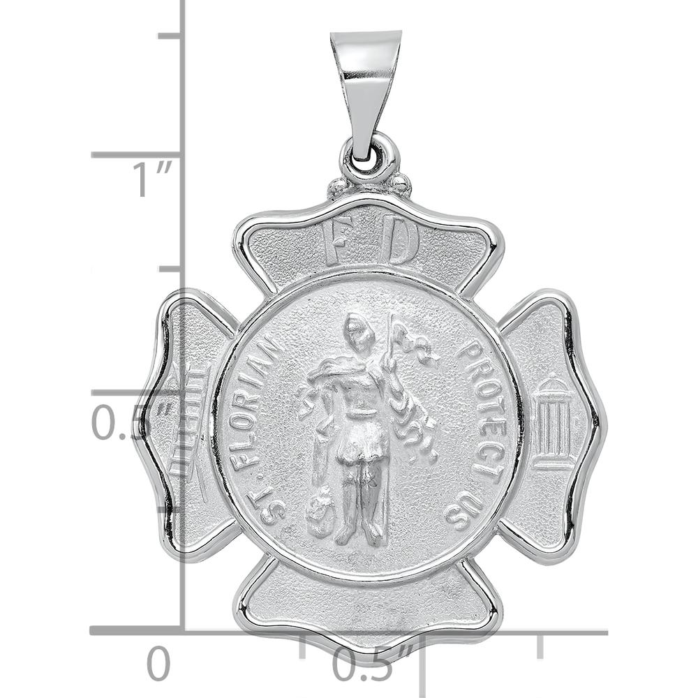14K White Gold Polished and Satin Hollow St. Florian Firefighter Badge Pendant by Oro Pregiato