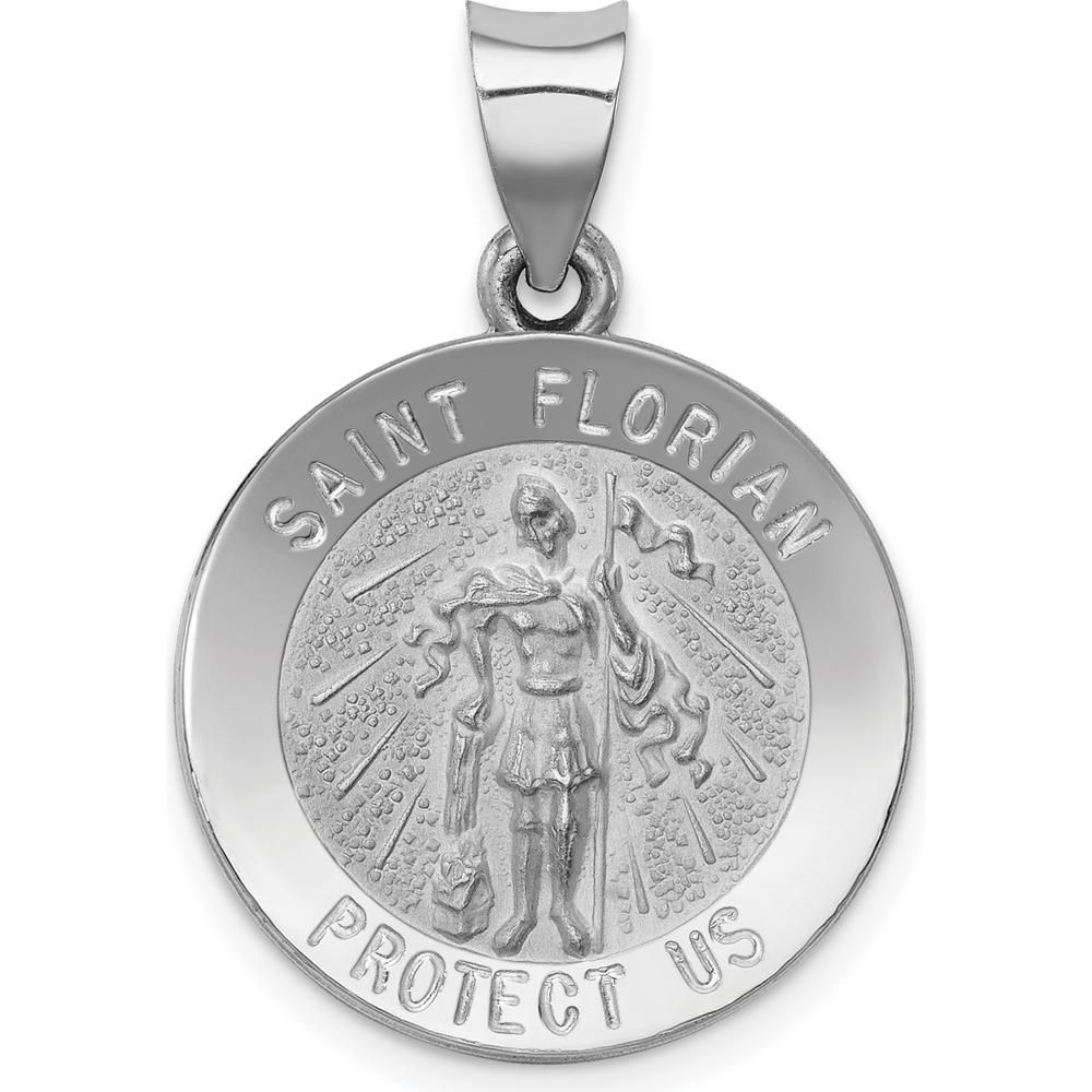 14K White Gold Polished and Satin Hollow St Florian Medal Pendant - 21mm Length by Oro Pregiato