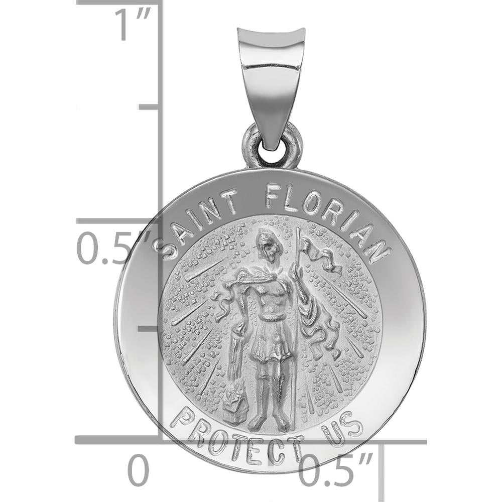 14K White Gold Polished and Satin Hollow St Florian Medal Pendant - 21mm Length by Oro Pregiato