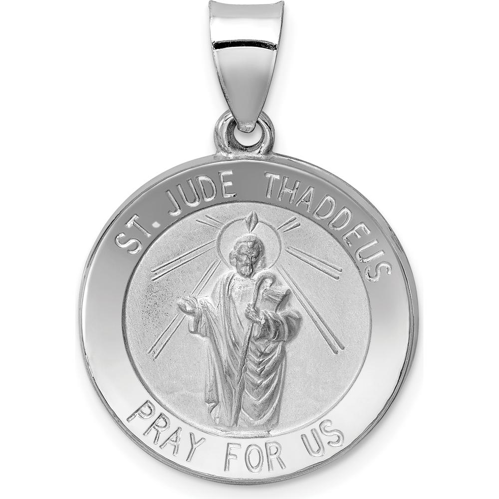 14K White Gold Polished and Satin Hollow St. Jude Thaddeus Medal Pendant - 27mm Length, 19mm Width by Oro Pregiato