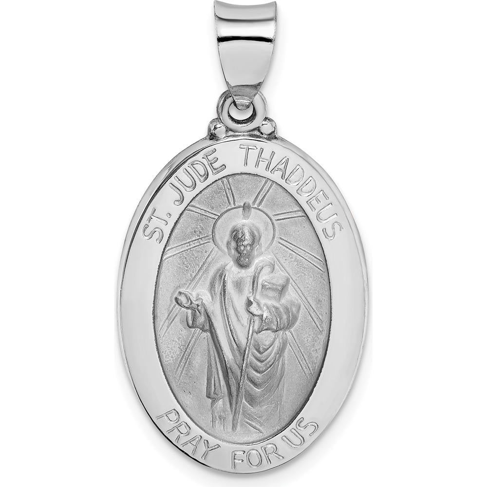 14K White Gold Polished and Satin Hollow St. Jude Thaddeus Medal Pendant by Oro Pregiato