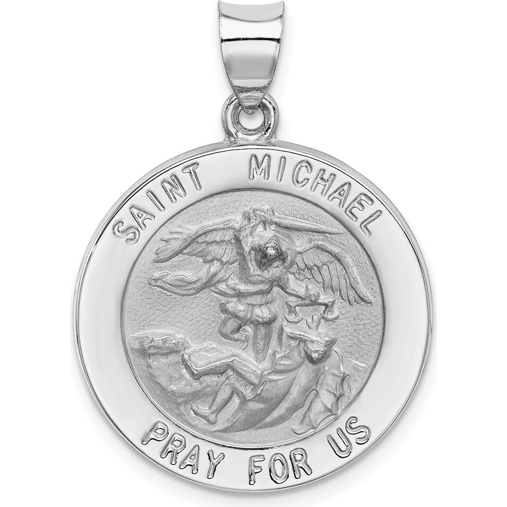 14K White Gold Polished and Satin Hollow St. Michael Medal Pendant - 25mm by Oro Pregiato
