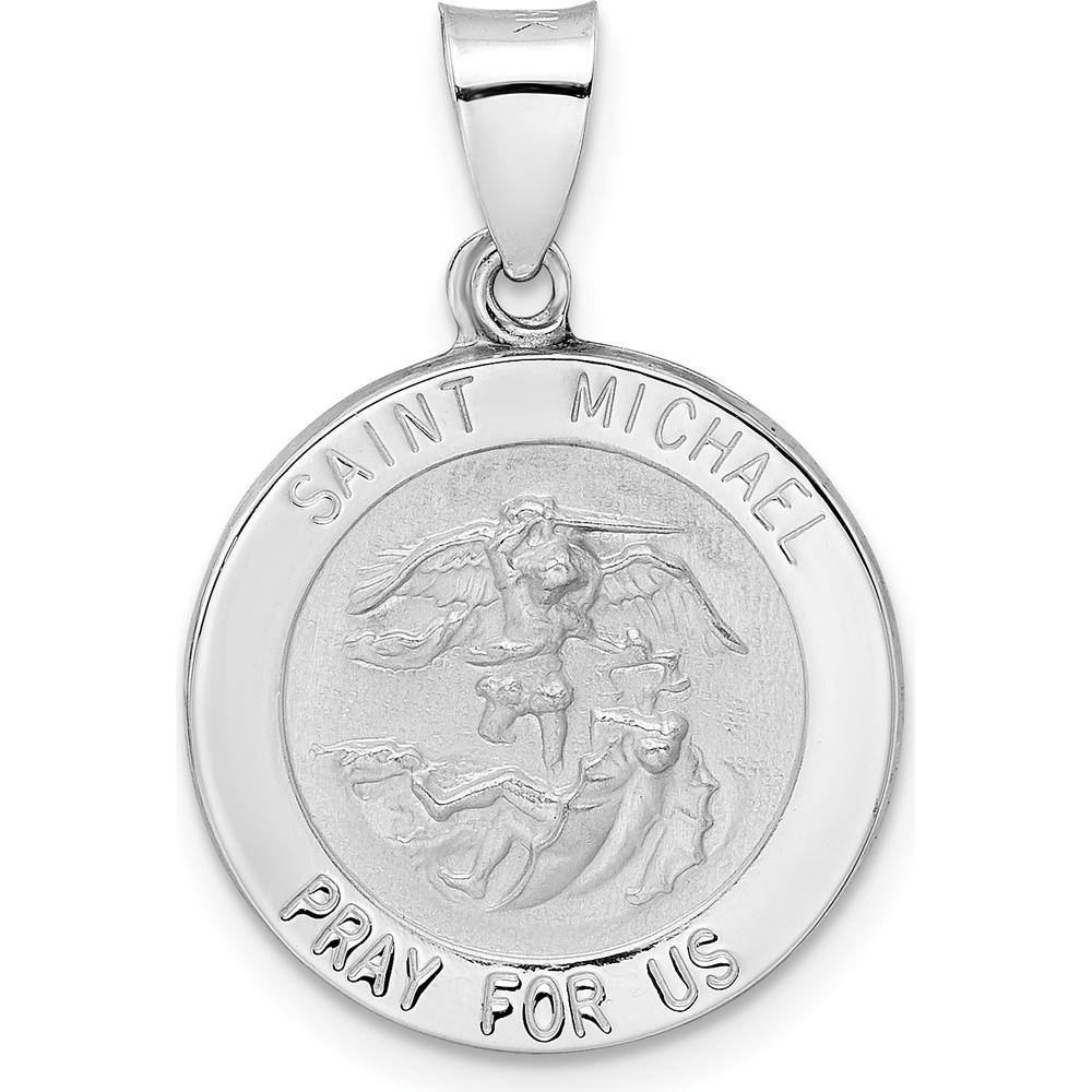 14K White Gold Polished and Satin Hollow St. Michael Medal Round Pendant - 18.3mm by Oro Pregiato