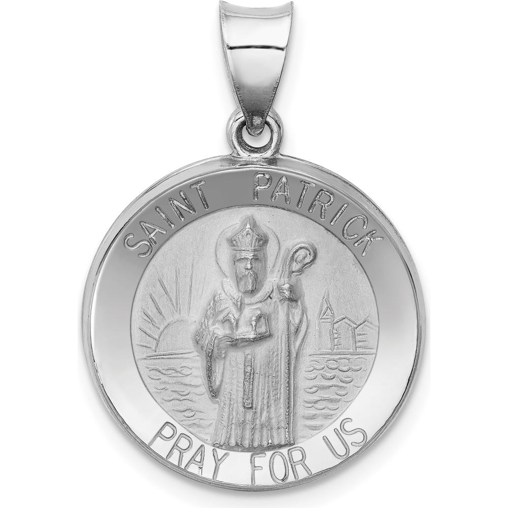 14K White Gold Polished and Satin Hollow St. Patrick Medal Pendant - 22mm Length, Rhodium Plated by Oro Pregiato