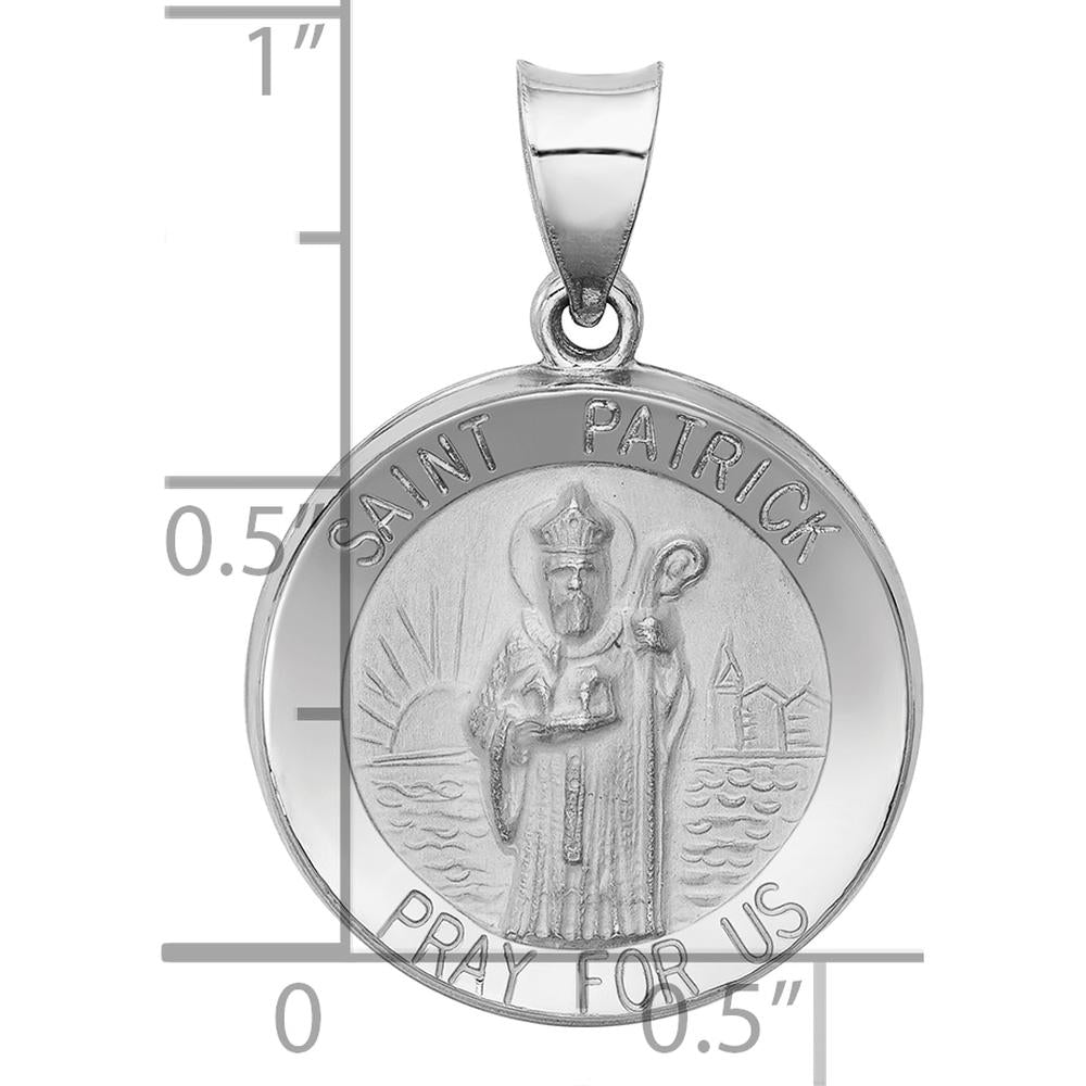 14K White Gold Polished and Satin Hollow St. Patrick Medal Pendant - 22mm Length, Rhodium Plated by Oro Pregiato