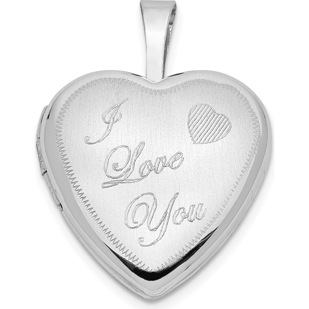 14K White Gold Polished and Satin "I LOVE YOU" Script Heart Locket with Engraving Space for 2 Photos by Monteluci Fine Jewelry
