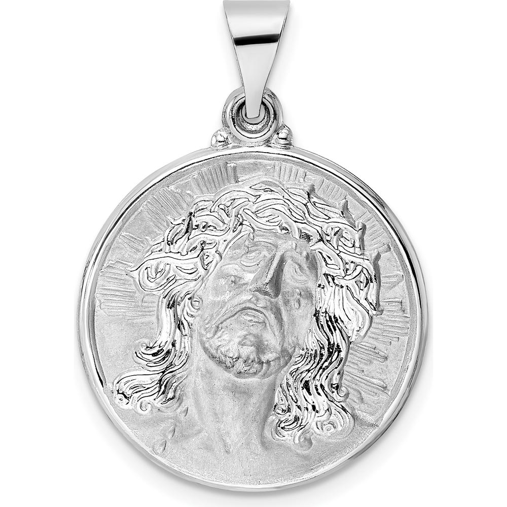 14K White Gold Polished and Satin Jesus Face Disc Pendant - 24mm x 20.68mm by Oro Pregiato