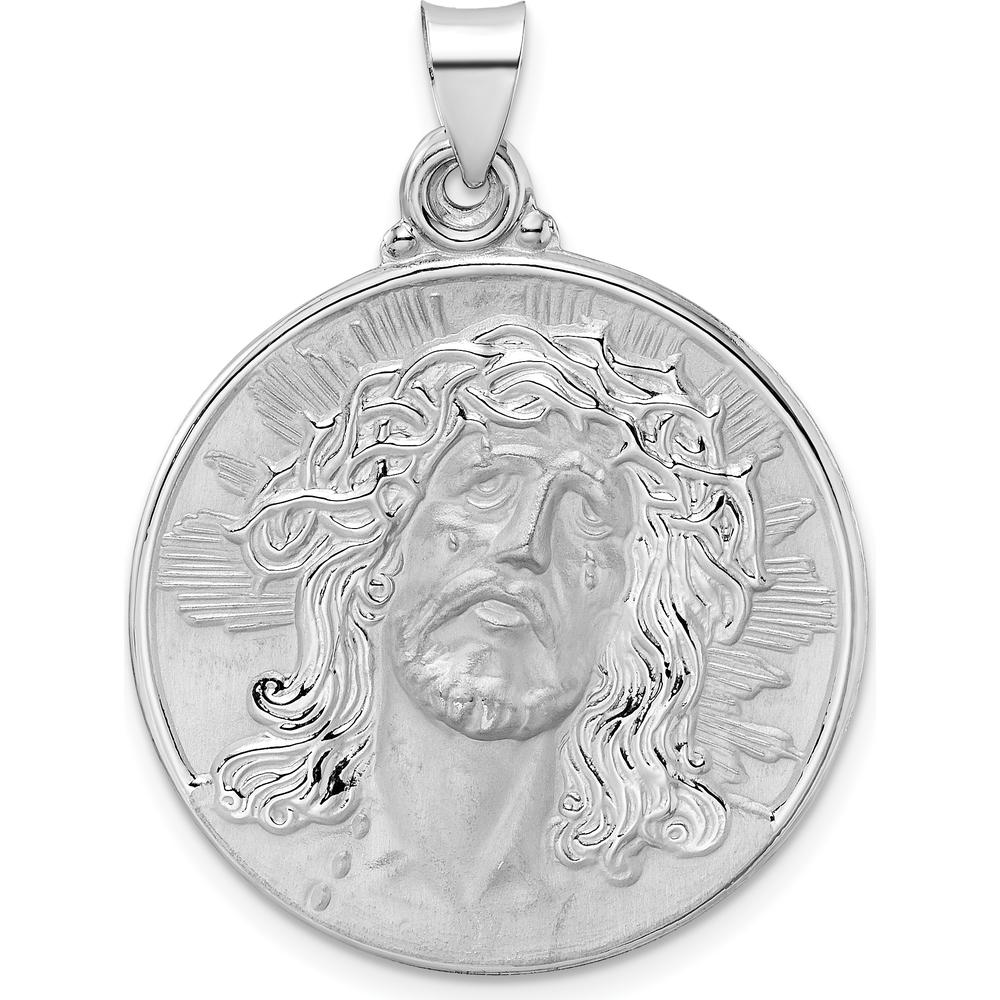 14K White Gold Polished and Satin Jesus Face Hollow Disc Pendant by Oro Pregiato