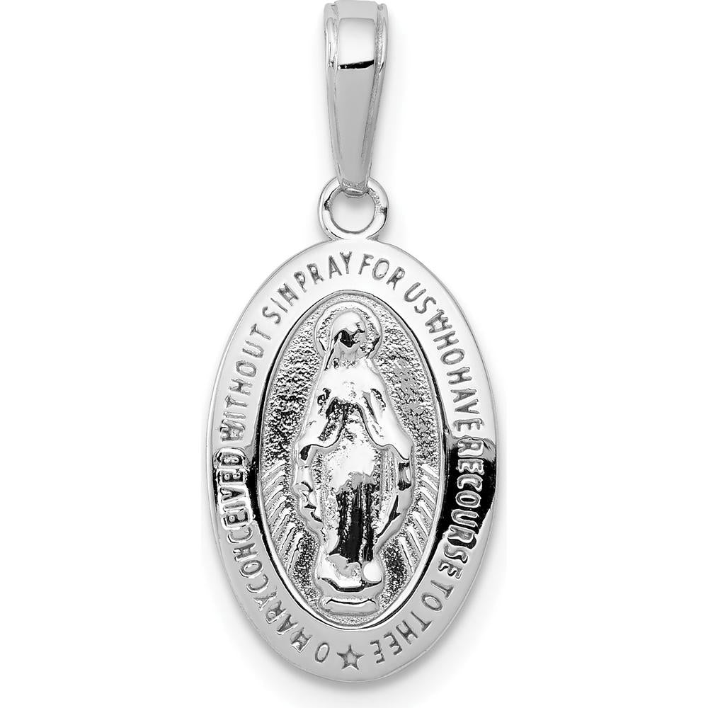 14K White Gold Polished and Satin Miraculous Medal Oval Pendant - 25mm by Oro Pregiato
