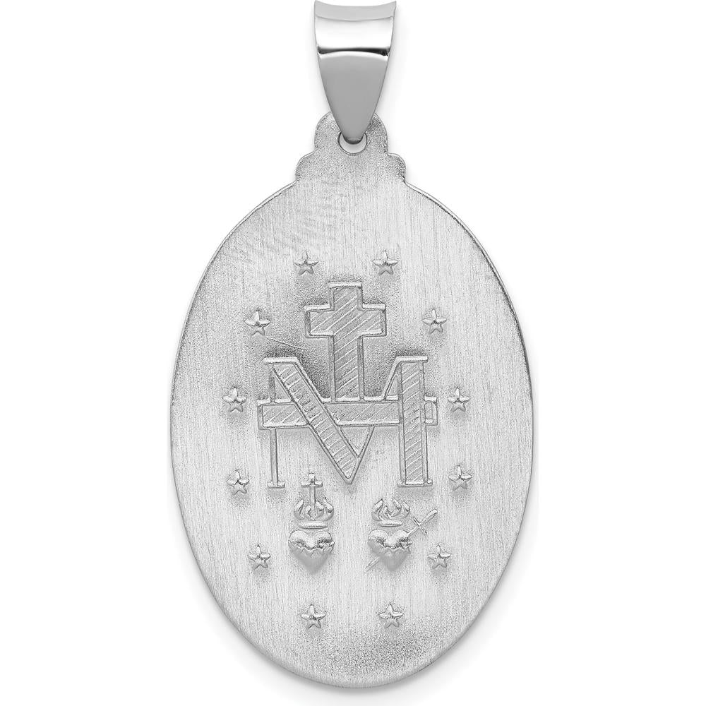 14K White Gold Polished and Satin Miraculous Medal Oval Pendant with Rhodium Plating - 34.5mm Total Length by Oro Pregiato