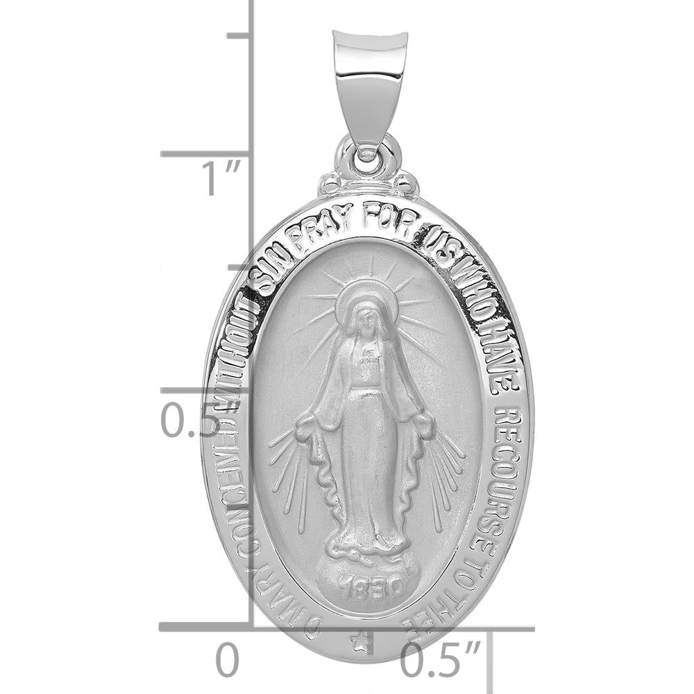 14K White Gold Polished and Satin Miraculous Medal Oval Pendant with Rhodium Plating - 34.5mm Total Length by Oro Pregiato