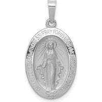 14K White Gold Polished and Satin Miraculous Medal Oval Pendant with Rhodium Plating by Oro Pregiato