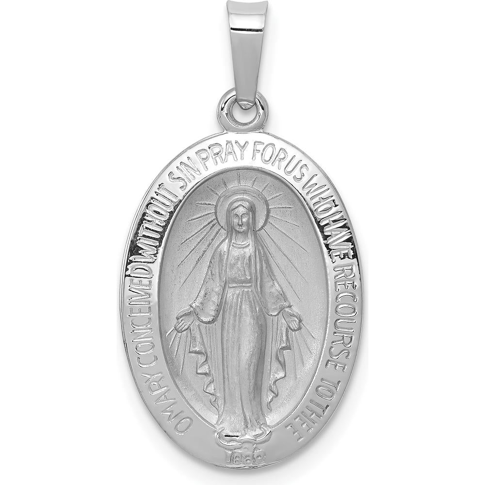 14K White Gold Polished and Satin Miraculous Medal Oval Pendant with Rhodium Plating by Oro Pregiato