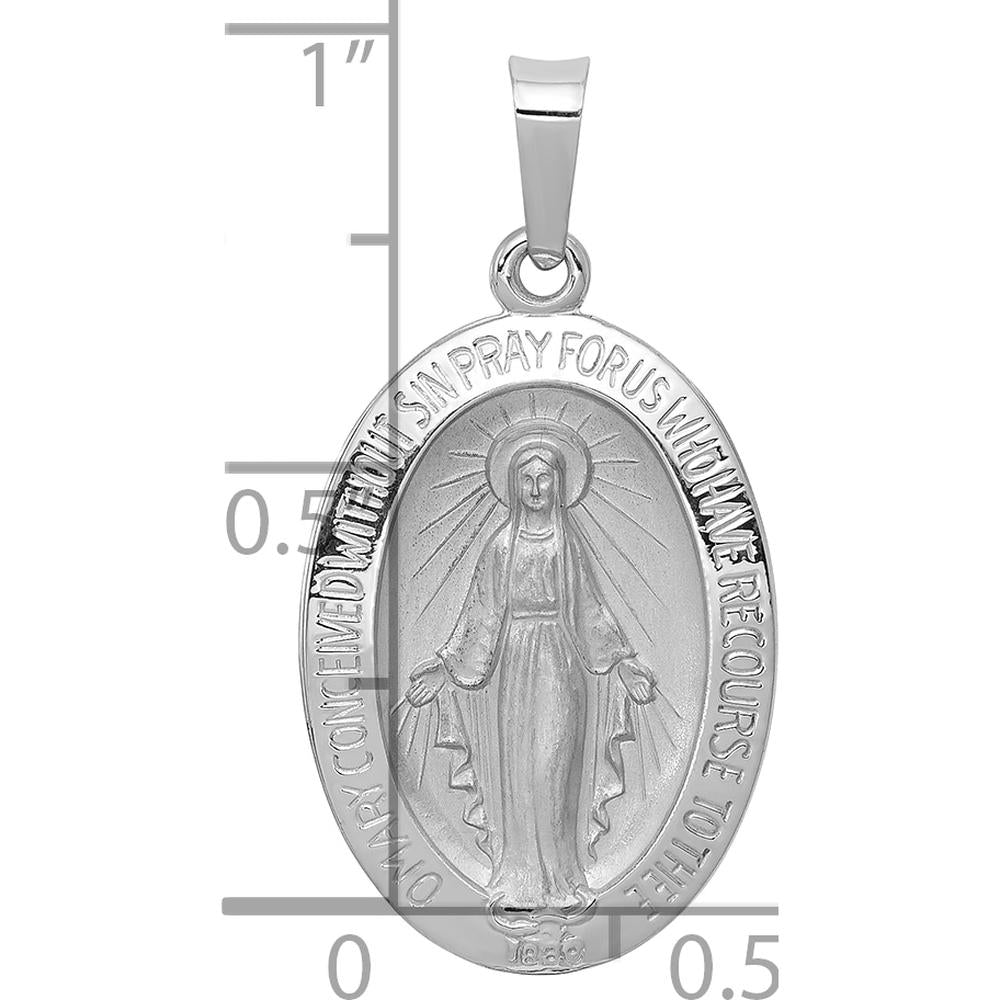 14K White Gold Polished and Satin Miraculous Medal Oval Pendant with Rhodium Plating by Oro Pregiato