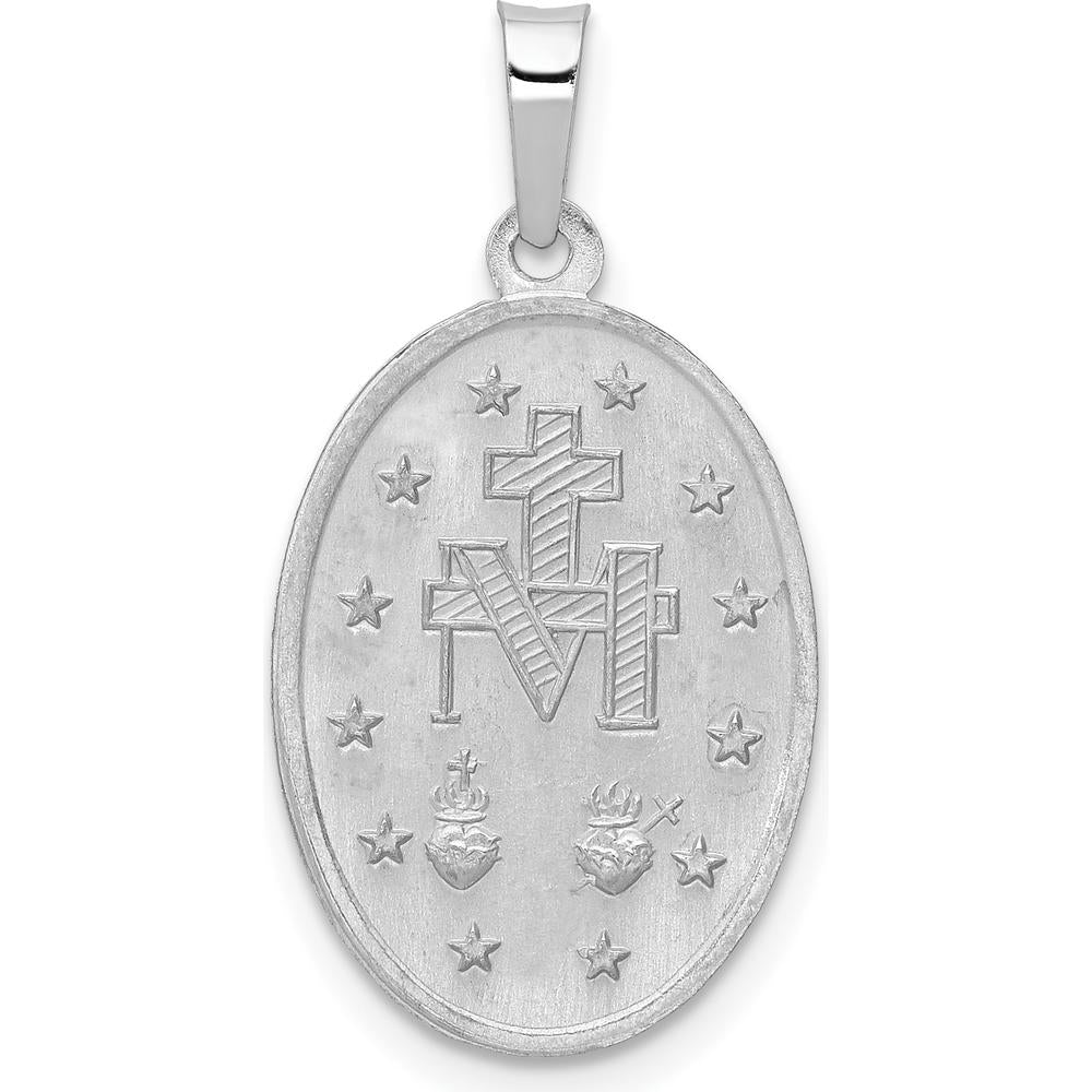 14K White Gold Polished and Satin Miraculous Medal Oval Pendant with Rhodium Plating by Oro Pregiato