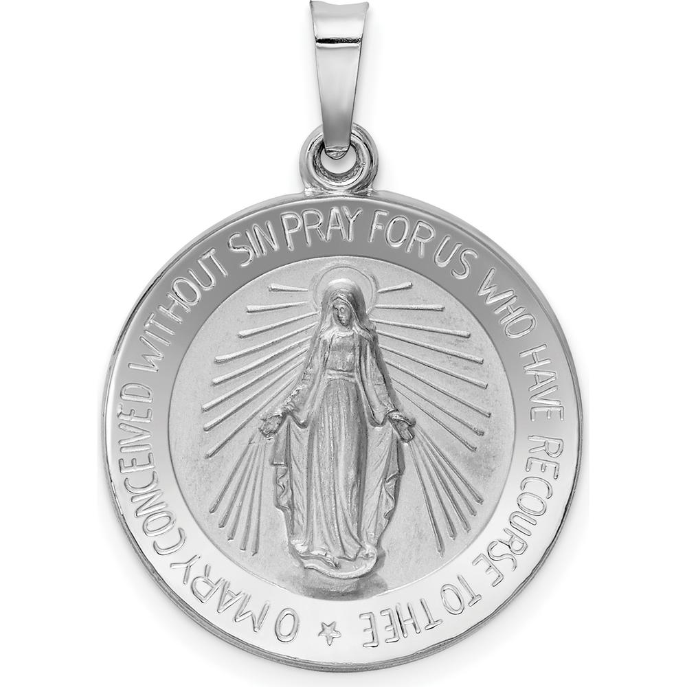 14K White Gold Polished and Satin Miraculous Medal Pendant - 26mm Length by Oro Pregiato