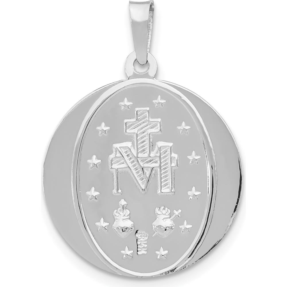 14K White Gold Polished and Satin Miraculous Medal Pendant - 26mm Length by Oro Pregiato