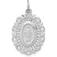 14K White Gold Polished and Satin Miraculous Medal Scalloped Edge Oval Pendant - Reversible Design by Oro Pregiato