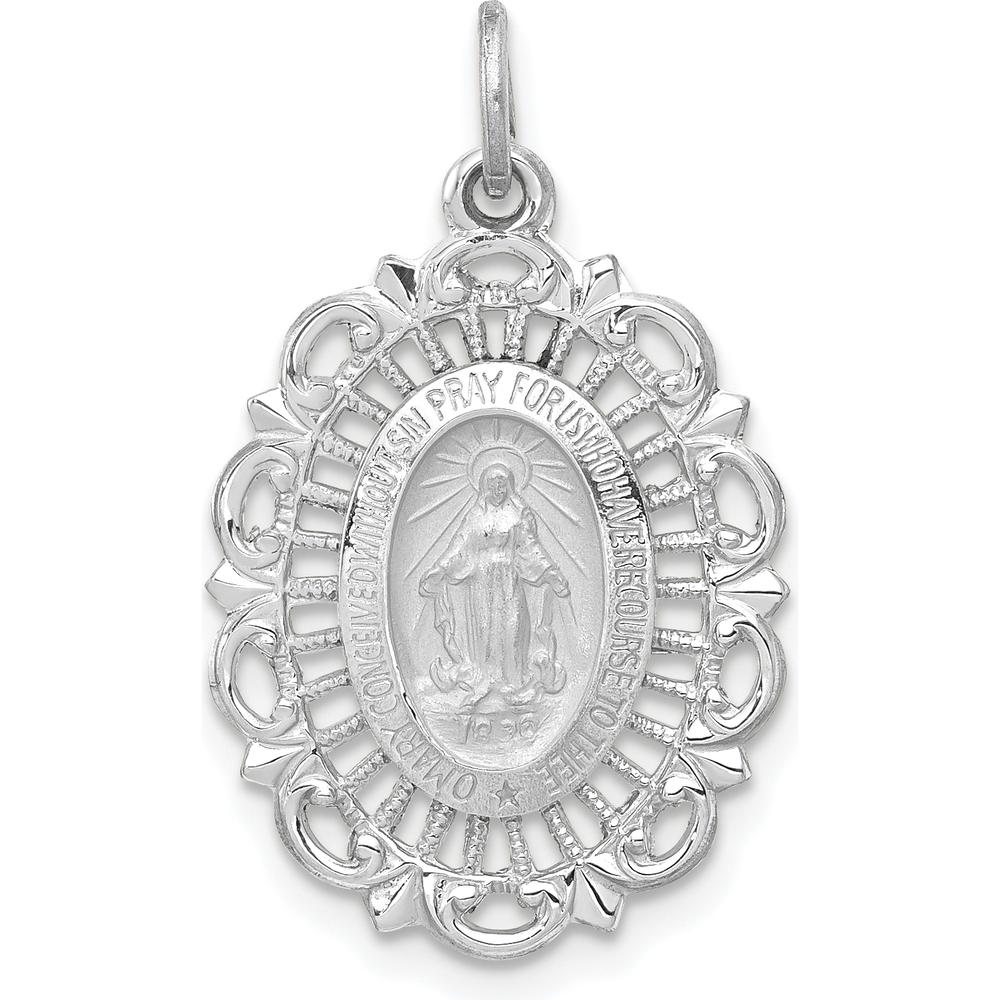 14K White Gold Polished and Satin Miraculous Medal Scalloped Edge Oval Pendant - Reversible Design by Oro Pregiato
