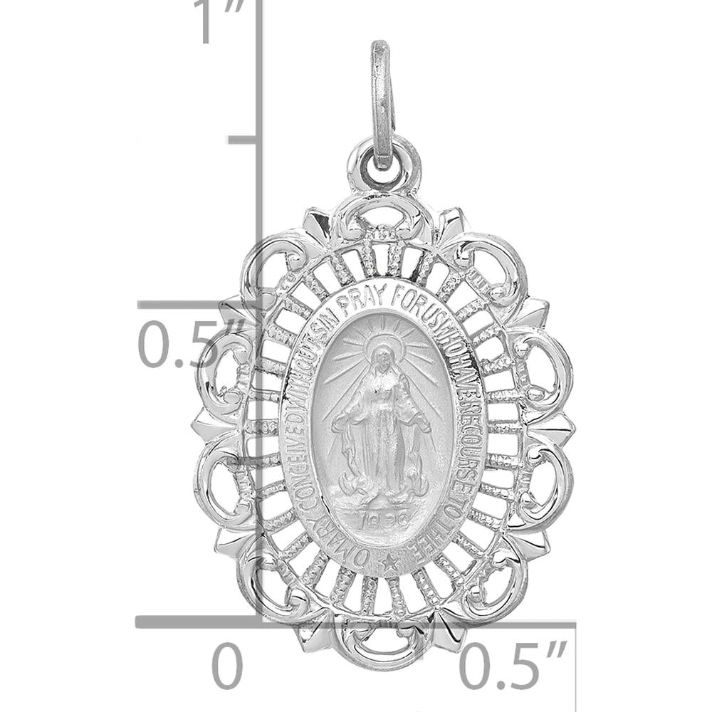 14K White Gold Polished and Satin Miraculous Medal Scalloped Edge Oval Pendant - Reversible Design by Oro Pregiato