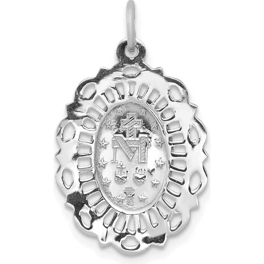 14K White Gold Polished and Satin Miraculous Medal Scalloped Edge Oval Pendant - Reversible Design by Oro Pregiato