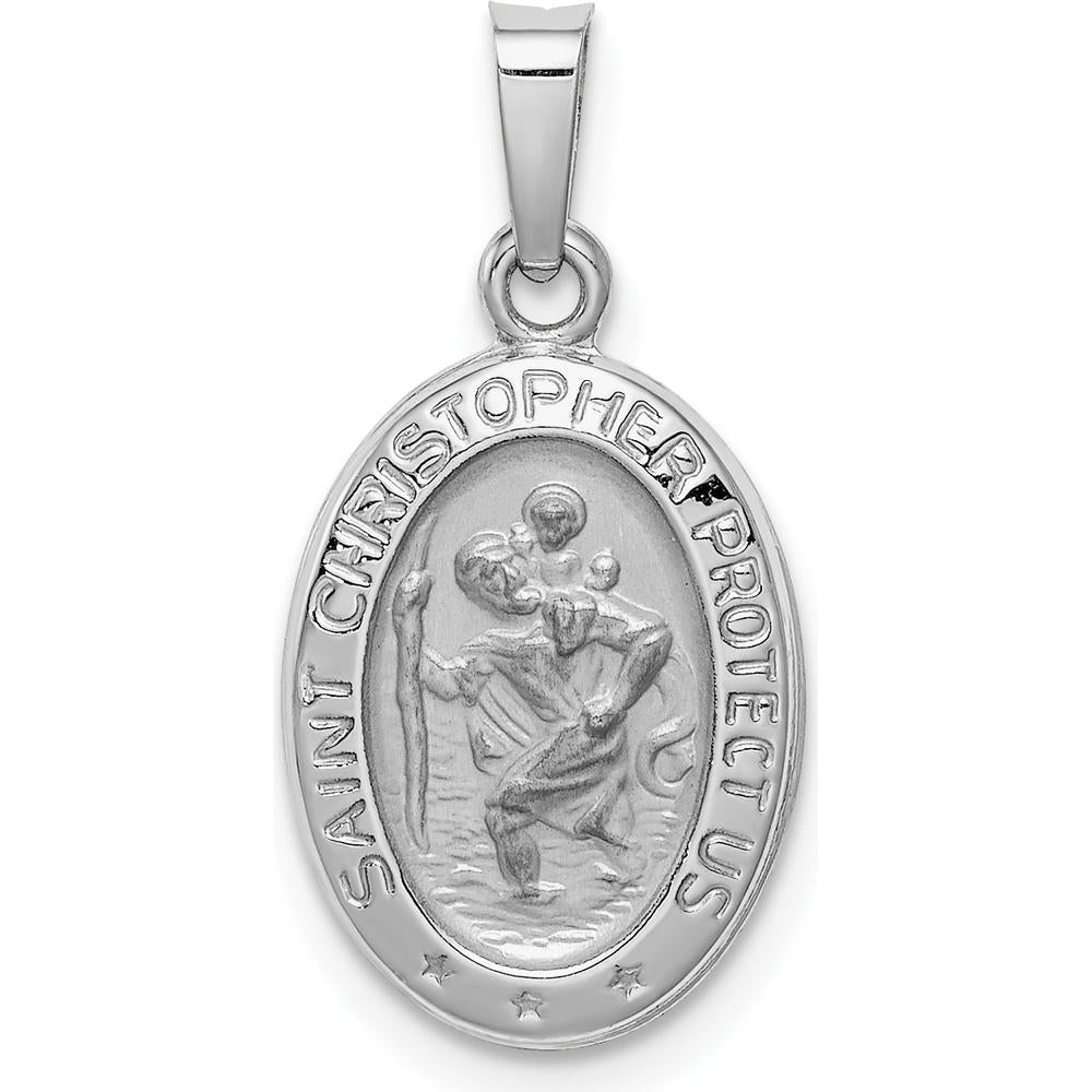 14K White Gold Polished and Satin Saint Christopher Medal Charm - 23mm Length, 11mm Width by Oro Pregiato