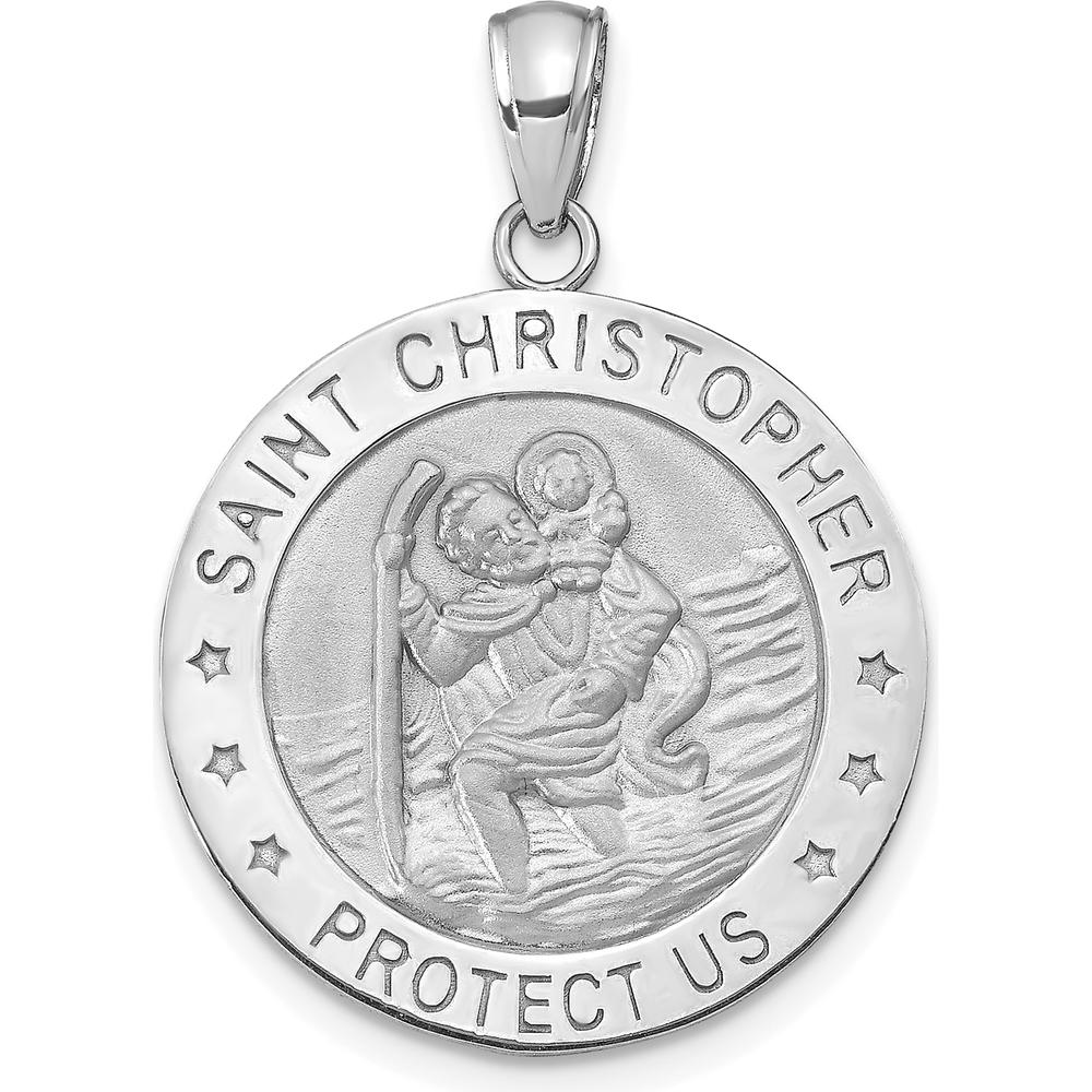 14K White Gold Polished and Satin Saint Christopher Pendant - 30mm Length by Oro Pregiato